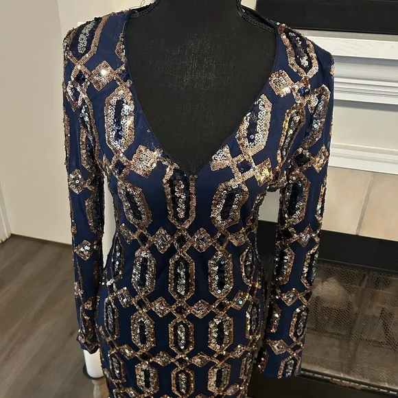 Fashion Nova Navy and Gold Long Sleeve Dress - Picture 3 of 7